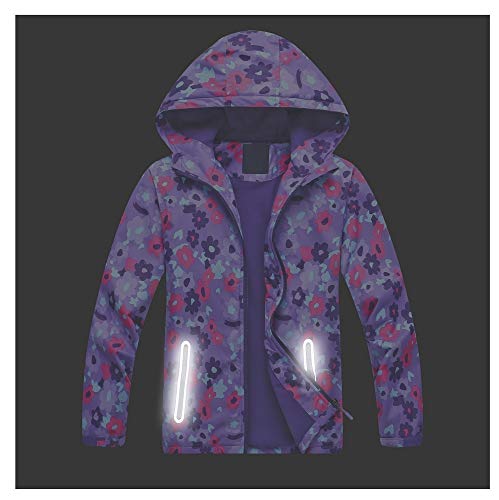 Jingle Bongala Kids' Boys' Girls' Outdoor Waterproof Fleece Jacket with Hood Coat Climbing Hiking Windbreaker-PurpleFloral-120