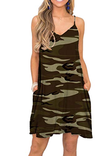 MISFAY Women's Summer Spaghetti Strap Casual Swing Tank Beach Cover Up Dress with Pockets (L, Brown Camouflage)