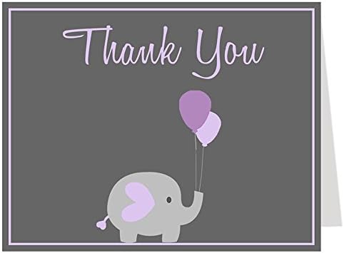 Thank You Cards, Elephant Balloon, Baby Shower, Purple, Lavender, Gray, Grey, Baby Shower Thank You Cards, Girl, It's A Girl, Elephant Baby Shower, Set of 50 Folding Notes with Envelopes