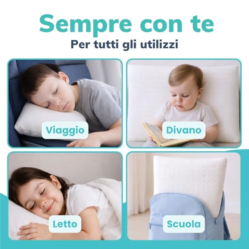 Anti-suffocation pillow for babies from 6 months to 2 years 100% Memory Foam Pillow, Breathable, 40 x 30 cm, Baby Cot and Pram Pillow Safe, Anti-mite, Anti-Reflux and Hypo-allergenic, Made in Italy