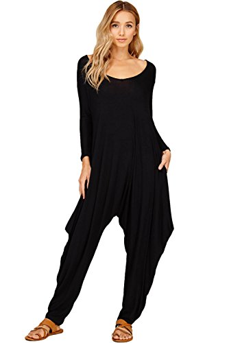Annabelle Women's Long Sleeve Comfy Harem V-Neck Romper Jumpsuits Large Black JC6008A