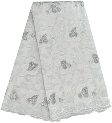 Lace Qin 5 Yards African Cotton Embroidery + Rhinestone Lace Fabric (White)