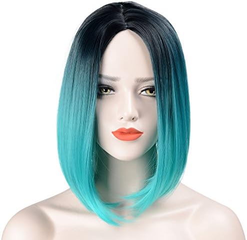 Hawkko Wigs For Black Women Bob Straight Hair Natural Looking Short Ombre Wigs Synthetic Hair Fashion Heat Resistant Full Head(Black/Cyan)