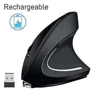 EasyULT Mouse senza fili ricaricabile, silenzioso click wireless ottico mouse verticale ergonomico, USB Nano Ricevitore, Ultra Sottile 1600 DPI regolabile, con cavo USB, per PC/Tablet/Laptop(nero)