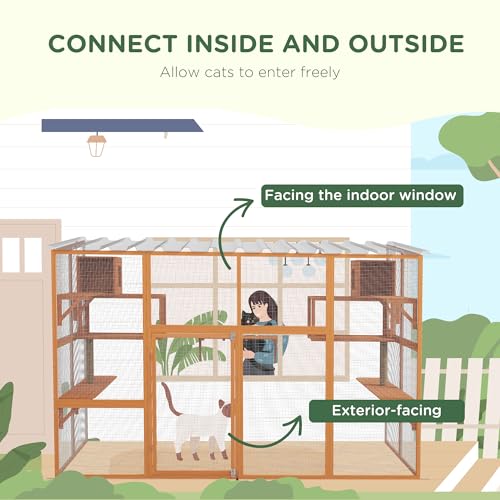 PawHut Catio Outdoor Cat Enclosure, 118" L Large Wooden Outdoor Cat House w/ 2 Condos, 7 Platforms, 2 Scratching Posts, Waterproof Roof, Walk-in Kitty Cage for 1–5 Kittens, Orange