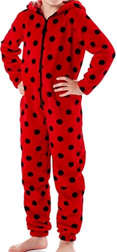 Childrens Ladybird Spotted 200GSM Red and Black Soft Fleece Bug Faced Hooded Onesie Lounge Suit Pyjammas Size Age 5-6