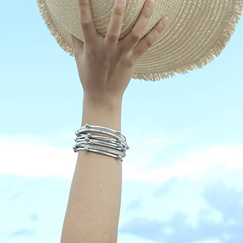 FANCY SHINY Bead Leather Bracelet Boho Wrap Bracelet Layered Rhinestone Cuff Bracelet with Magnetic Clasp,7.5"(Silver)