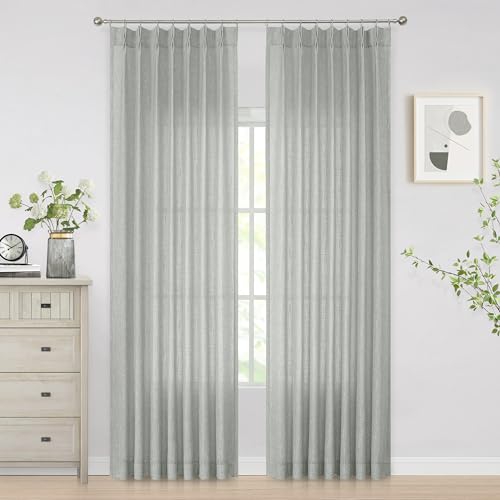 Vision Home Gray Pinch Pleated Semi Sheer Curtains Textured Light Filtering Window Curtains 95 inches for Living Room Bedroom Neutral Grey Pinch Pleat Drapes with Hooks Back Tabs 2 Panels 40" Wx95 L