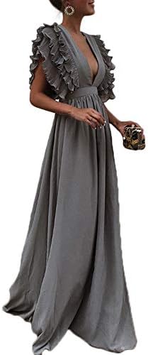 Honwenle Women Deep V-Neck Pleat Flounce Short Sleeve Maxi Formal Evening Dress