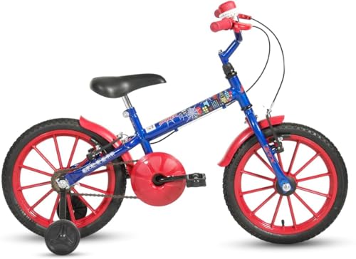 Bicicleta Infantil Spider Menino Aranha Aro 16 Azul Quadro em Aço Carbono, Com Rodinhas de Treinamento, Para 4-7 Anos, Capacidade 30kg