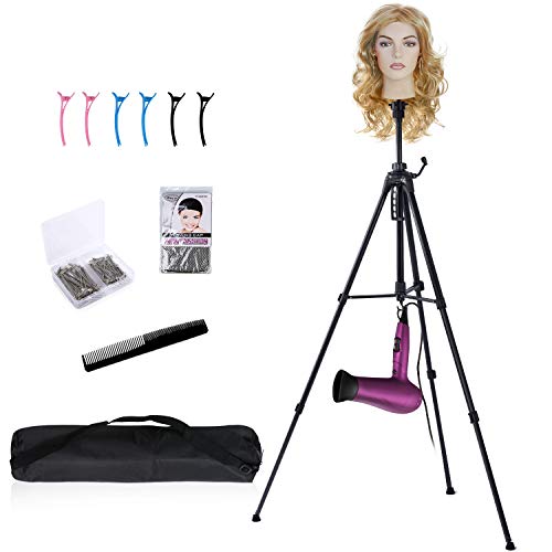 Klvied Adjustable Wig Stand Tripod Metal Mannequin Head Stand Wig Head Stand with Counter Weight Hook for Cosmetology Hairdressing Training with Wig Caps, T-Pins, Comb, Hair Clip, Carrying Bag