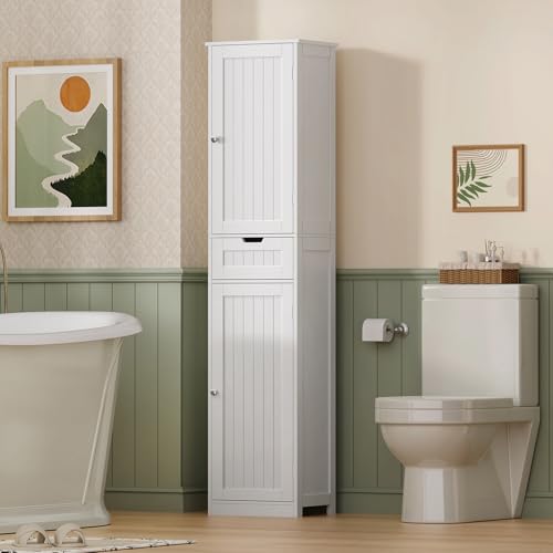 FIONESO 67" Tall Bathroom Cabinet, Storage Cabinet with Drawer & 2 Adjustable Shelves, Bathroom Storage Cabinet with 2 Doors, Floor Cabinet for Living Room, Bathroom, Home Office, Entryway, White