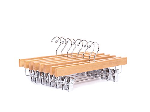 Amber Home 24 Pack Solid Gugertree Deluxe Wooden Pants Hangers Bottom Hanger Jeans Hanger Skirt Hanger Natural Color with 2-Adjustable Clips (24 Pack)