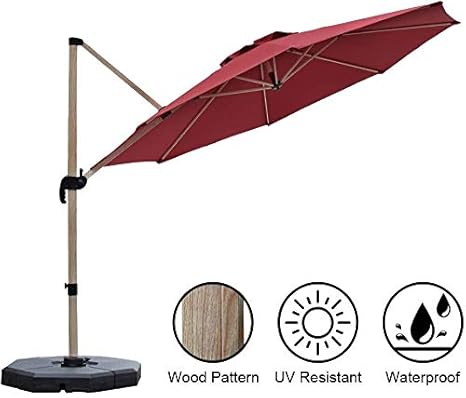 Papajet 11 Ft Offset Cantilever Umbrella Aluminum Garden Patio Umbrella Wood Pattern Outdoor Round Hanging Umbrella With 240g Canopy Cross Base 360 Rotation 7 Lock Positions Adjustment Red Amazon In Garden Outdoors