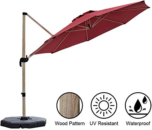 Papajet 11 Ft Offset Cantilever Umbrella Aluminum Garden Patio Umbrella Wood Pattern Outdoor Round Hanging Umbrella With 240g Canopy Cross Base 360 Rotation 7 Lock Positions Adjustment Red Amazon In Garden Outdoors