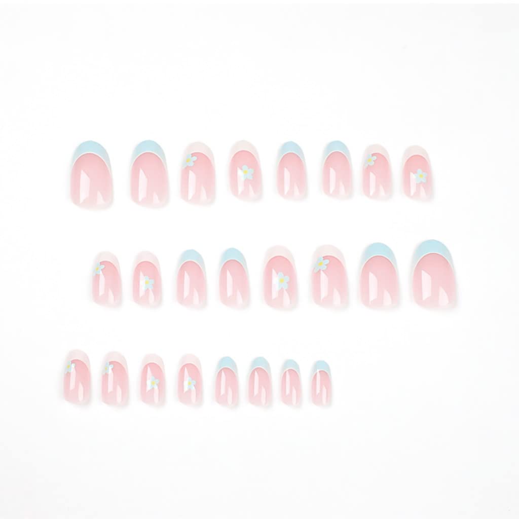 RikView French Tip Press on Nails Medium Fake Nails White Stick on Nails with Flowers Design Almond Blue Nails for Women - Image 4