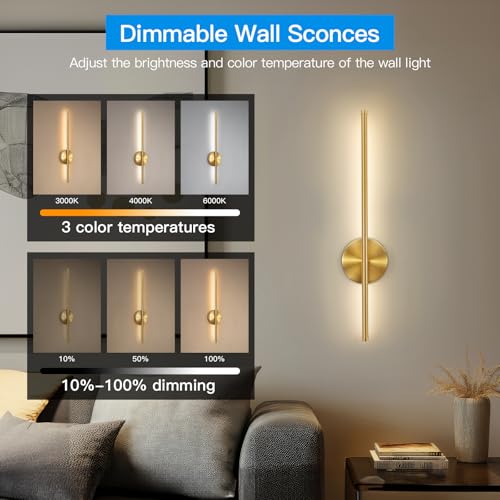 TaoFiaCo 60CM Gold Indoor LED Wall Lights - Wireless Wall Lamp 3 Colour Temperatures - Battery Wall Light with Remote Control for Bedroom, Living Room, Dining Room