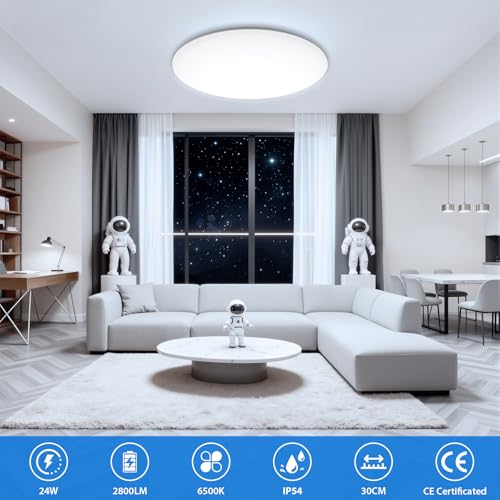 Swoieltr LED Ceiling Lamp 24W 2800 Lumens Waterproof IP54 6500K Ultra Thin Ceiling Lamp Suitable for Bathrooms, Living Rooms, Kitchens, Bedrooms and Offices.