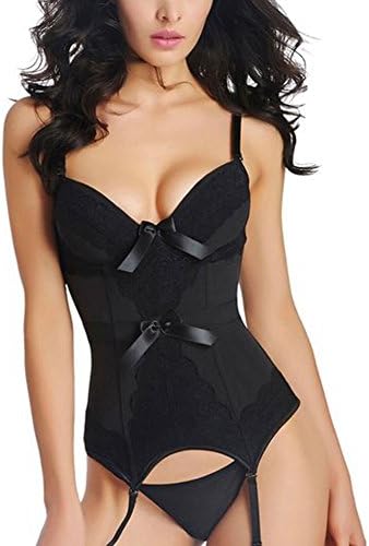 Zooma Womens Basque Corset Top with Suspenders Belt and G String Lingerie Set Bustier Waist Training