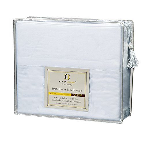 Clara Clark Bamboo Bed Sheet Set, White, King Size, 100 Rayon Made