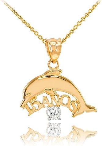 14k Yellow Gold Quinceanera 15 Anos Jumping Dolphin CZ Pendant Necklace, 22"