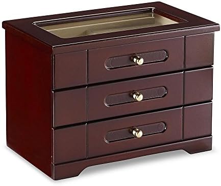 Valentine's Day Collection Brown Wooden Jewelry Box glass cover armoire 9"x 6.5"x 5.5"