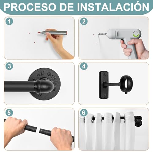 Barra de Cortina Negra, Barra Cortinas Extensible Industrial, Barra Extensible Cortina de 25 mm de Diámetro, Barra de Cortina para Montaje en Techo para Ventanas (Negro esmerilado, 48-84 pulgadas)
