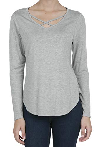 9004 Women's Casual Long Sleeve Solid Criss Cross V-Neck T-Shirt Tops LT.H.Grey M
