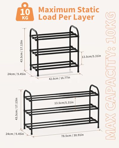 Anhow 3 Tier Shoe Rack, Space-Saving Expandable Metal Shoe Rack Open for 6-12 Pairs of Shoes for Entrance, Living Room, Hallway, Bedroom, Wardrobe (Black)