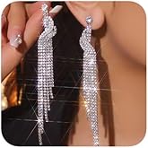 fxmimior Women Bridal Silver Simple Rhinestone Earrings Dangling for Women Chandelier Statement Tassel Earrings Sparkly Drop Crystal Earrings Halloween Long Dangle Earrings for Women