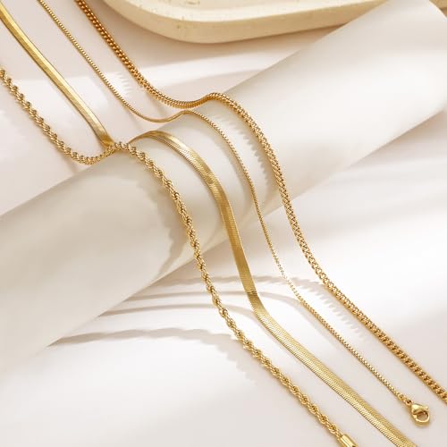 Tewiky Layered Necklaces for Women Non Tarnish- Chunky 14k Gold Plated Herringbone/Snake/Rope/Box/Cuban Link Chain for Women Waterproof Layering Stack Choker Necklace Trendy Dainty Tarnish Free Jewelry Set