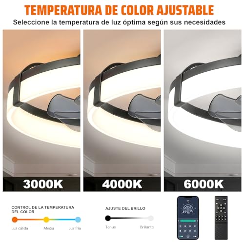 Ventilador de Techo con Luz 50cm/20in, Lámpara con Remoto y APP, Luz 3 Colores, 6 Velocidades, Función Temporizador, Motor de CC Silencioso y Reversible