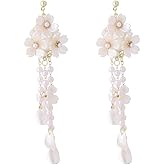 Chanaiqw White Flower Pearl Earrings for Women Acrylic Tassel Flower Floral Dangle Drop Long Earrings for Women