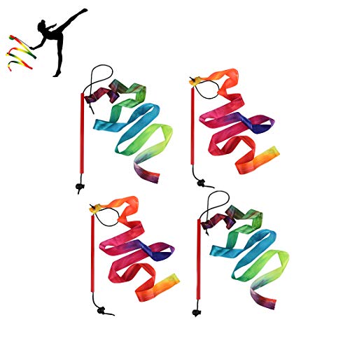 GEORLD Rainbow Dance Ribbons Streamers Rhythmic Gymnastic Ribbon Wands Rods, Baton Twirling, 4 Pieces - Thumbnail 2