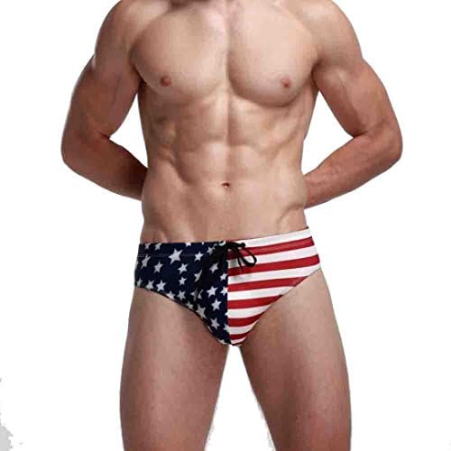 Shybuy Men Sexy American Flag Print Bikini Briefs Swimwear Beachwear Trunk Underpants