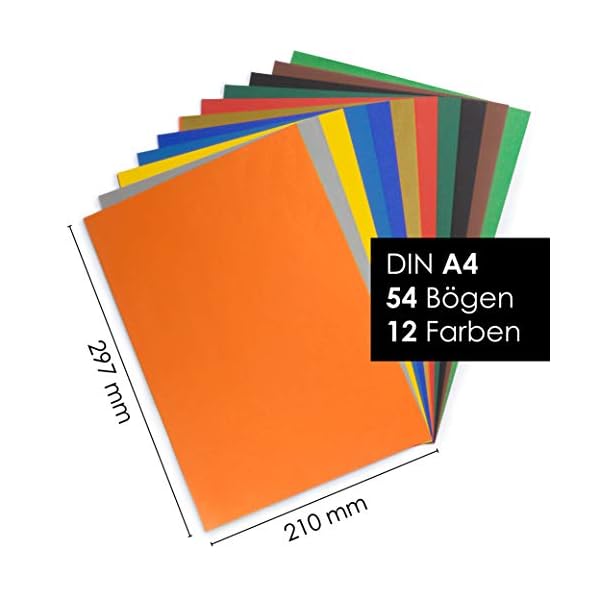 OfficeTree 54 x Tonkarton A4 Bunt - 220g Bastelkarton Bunt - 10 Farben - Bunte Pappe zum Basteln und Gestalten - Plus 2 Gold- und 2 SilberbÃ¶gen – Bild 4