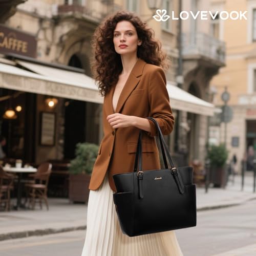 LOVEVOOK Laptop Bags for Women, Work Handbags with Compartments, PU Leather Tote Bag, Large Ladies Hand Bag for School, Business, Office, Travel, Shopping