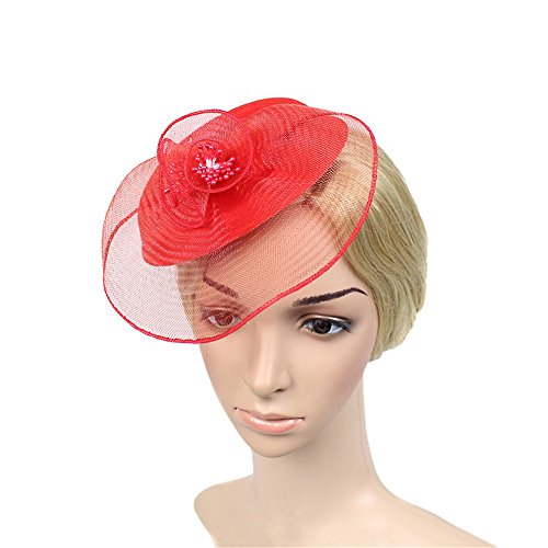 Fascinators for Women,Feather Fascinators Womens Flower Derby Hat for Cocktail Ball Wedding Church Tea Party (7.9'', Red)