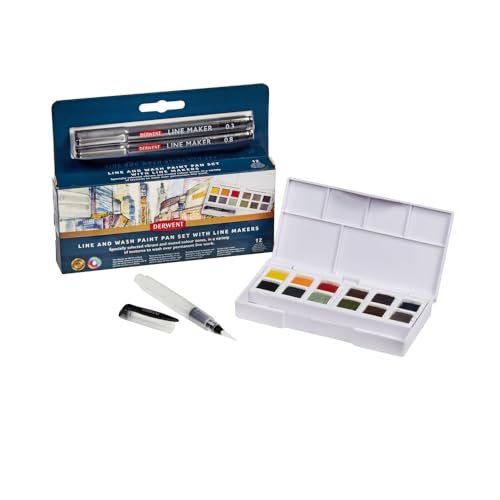 Derwent Line and Wash Mixed Media Paint Set, 12 Half Pan with Line Makers