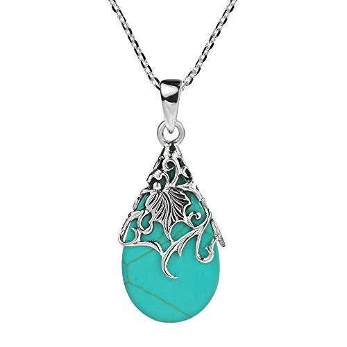 Vintage Floral Vine Adorned Teardrop Simulated Turquoise .925 Sterling Silver Pendant Necklace