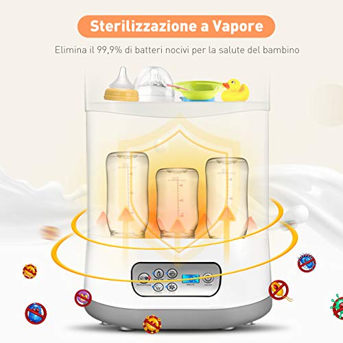 Sterilizzatore Biberon, a Vapore Elettrico&Asciugatura, Multifunzionale 6 In 1, Per 6 Biberon, Spegnimento Automatico, LCD Touch-Screen, Controllo Tempo Preciso