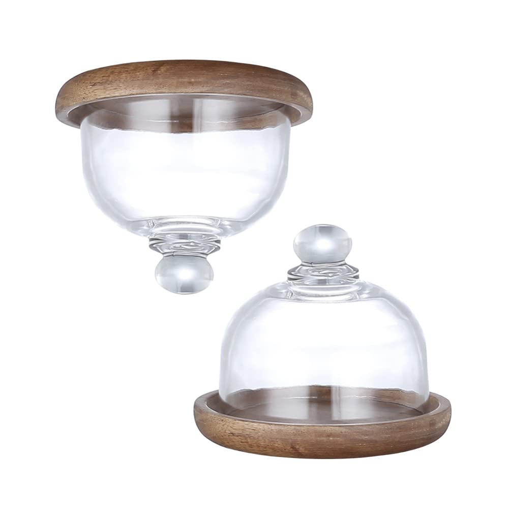 Amosfun 2 Sets Small Clear Glass Dessert Cheese Cloche Dome with Wood Serving Tray, Assorted Color, 10.5X10.5CM (0164925EM4)