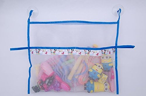 Helencasa Bath Toy Organizer ~ 2 Strong Suction Cups ~ Bathtub Toys Holder Storage Net ~ Exclusively Designed (White/Blue Characters 2 Pockets)