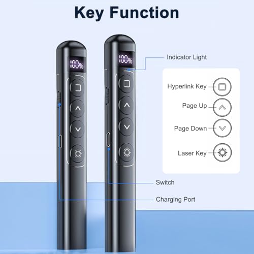 Presentation Clicker Wireless Presenter, 2.4GHz Remote Control USB Power Point Clicker Red Laser Pen with Hyperlink & Volume Control LED Display Slideshow Pointer for Keynote Laptop Computer Office