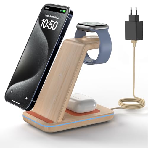 GEEKERA Wireless Charger, 3 in 1 Induktive Ladestation für iPhone Air/17/16/15/14/13/12/11/Pro Max, Ladestation für Apple Watch Ultra 3-1/11-2/SE, Kab