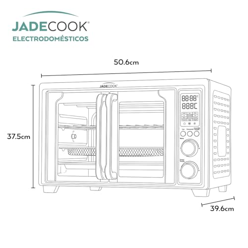 JadeCook Horno Eléctrico con Freidora de Aire de 30 Litros, Temperatura de 100 °C a 230 °C, Apagado Automático, Doble Puerta de Vidrio Templado, Frie Rostiza, Hornea, Cocina Saludable, Color Negro