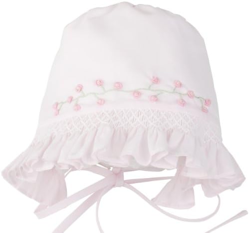 Pink Baby Bonnet with Row of Embroided Pink Rosebuds (6-9 month)