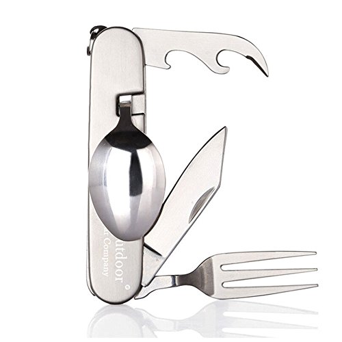 Camping Utensil Fork Knife Spoon Bottle Opener Set Stainless Steel Spork Gear Foldable Silverware Travel Hiking Survival