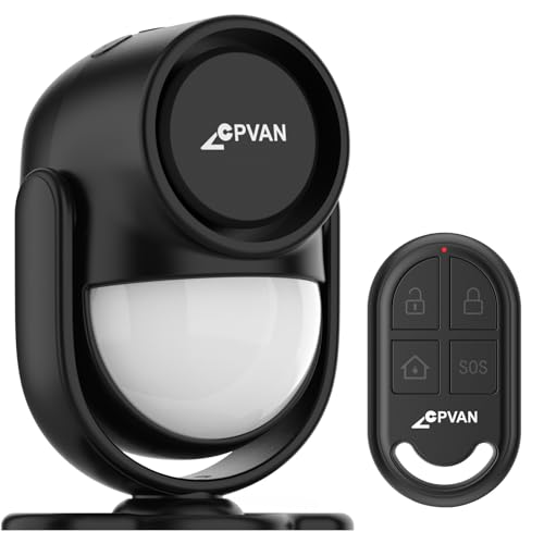 CPVAN Indoor Motion Sensor Alarm with Siren, Wireless Infrared DIY PIR Motion Detector Burglar Alarm System, Battery Operated, 125dB Adjustable, Remote Control for Home/Garage/Van/Shed/Shop. (Black)