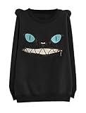 Benibos Women Zip Mouth Smile Shoulder 3D Ear Cat Cute Sweatshirt Top (US Large/Tag XL, Cat Black)